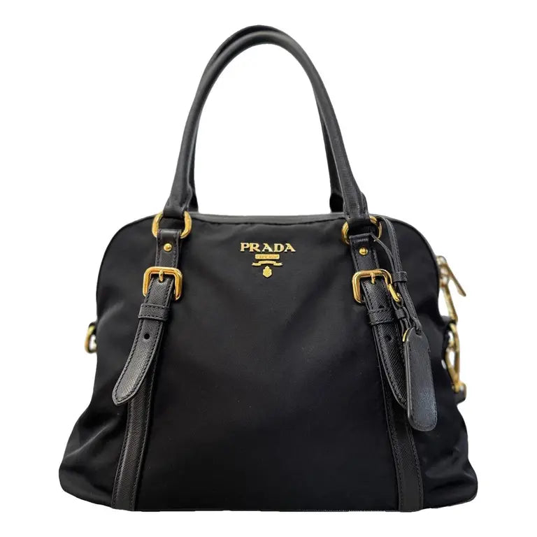 Prada Nylon and Saffiano Leather Dome Satchel in Black