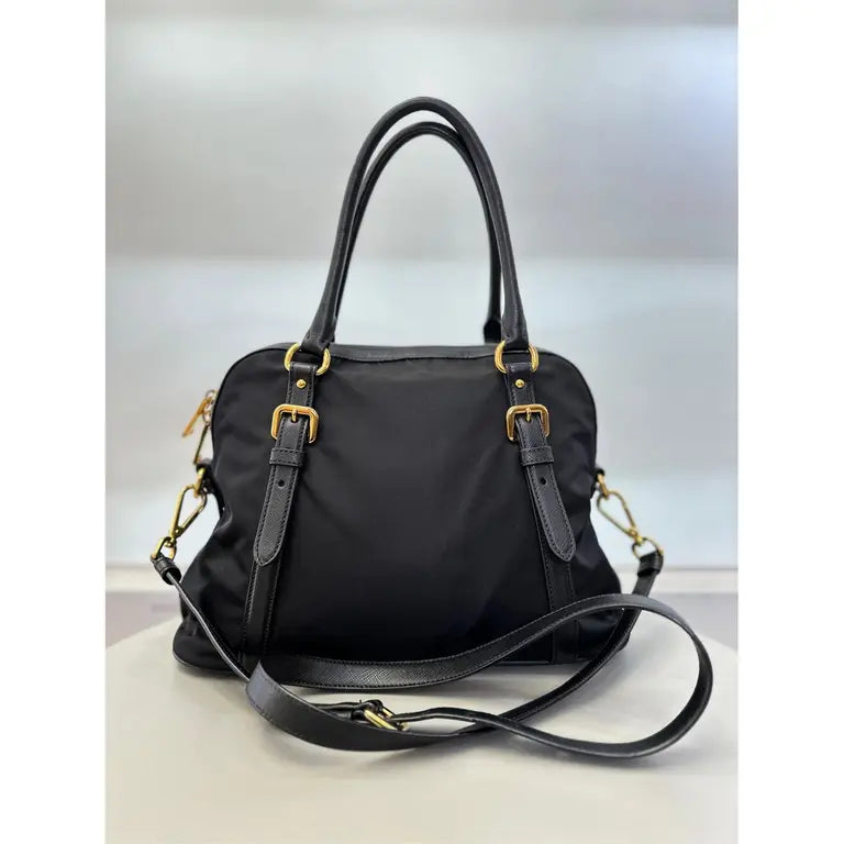 Prada Nylon and Saffiano Leather Dome Satchel in Black