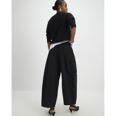 Black Poplin Barrel Leg Trousers