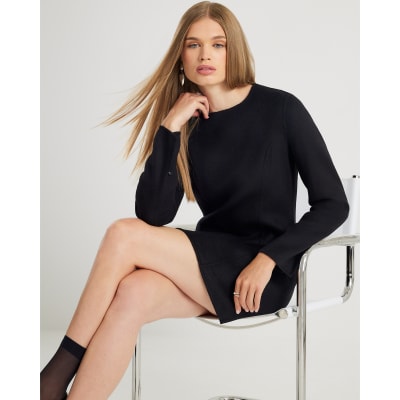 Black Premium Wool Blend Belted Skater Dress