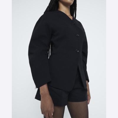 Black Puffed Sleeve Tailored Blazer