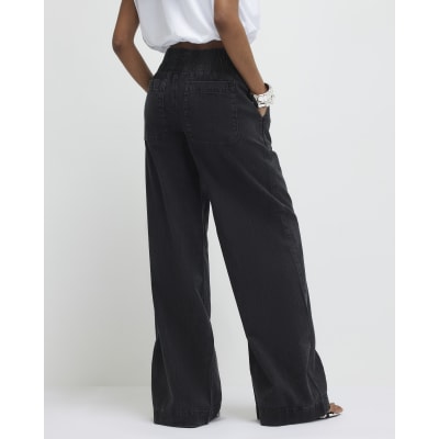Black Pull On Elasticated Wide Leg Jeans