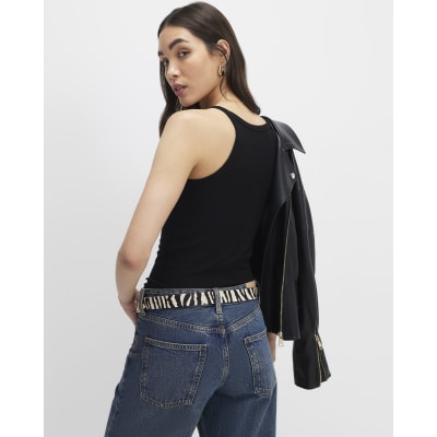 Black Ribbed Racer Front Tank Top