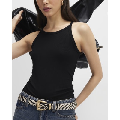 Black Ribbed Racer Front Tank Top