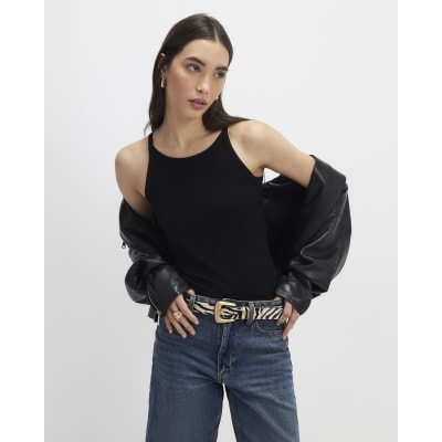 Black Ribbed Racer Front Tank Top