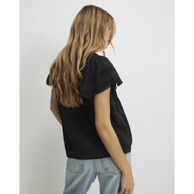 Black Ruffle Sleeve Lace Blouse