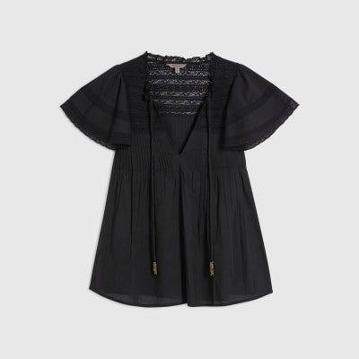 Black Ruffle Sleeve Lace Blouse