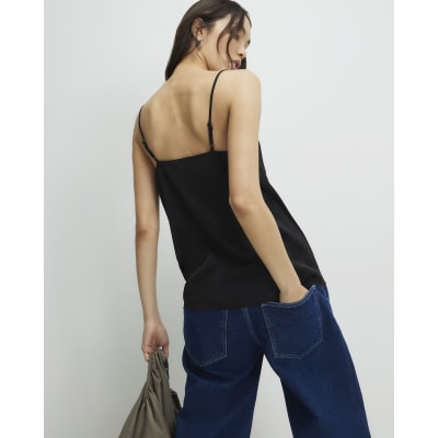 Black Satin Lace Trim Cami Top