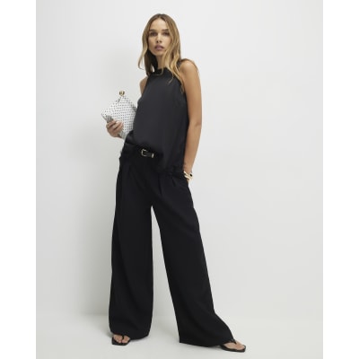 Black Satin Lace Trim Sleeveless Top