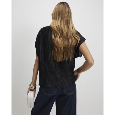 Black Satin Plisse Gold Detail Top