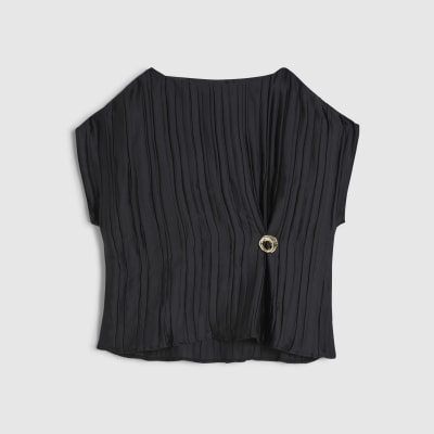 Black Satin Plisse Gold Detail Top