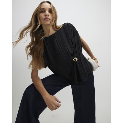 Black Satin Plisse Gold Detail Top
