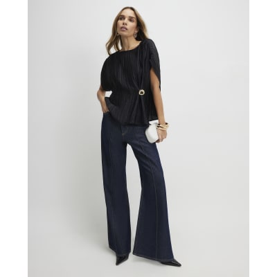 Black Satin Plisse Gold Detail Top