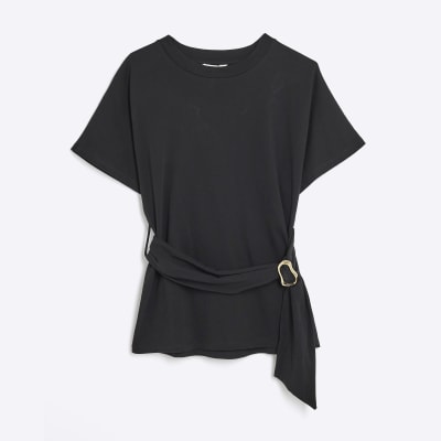 Black Short Sleeve Belted T-shirt