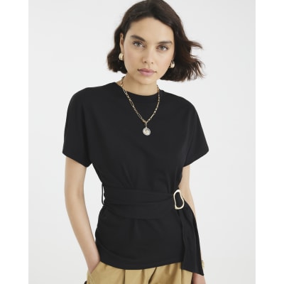 Black Short Sleeve Belted T-shirt