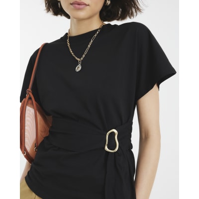 Black Short Sleeve Belted T-shirt