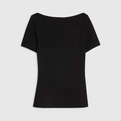 Black Short Sleeve Cotton Boat Neck Top