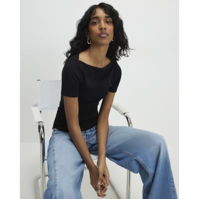 Black Short Sleeve Cotton Boat Neck Top