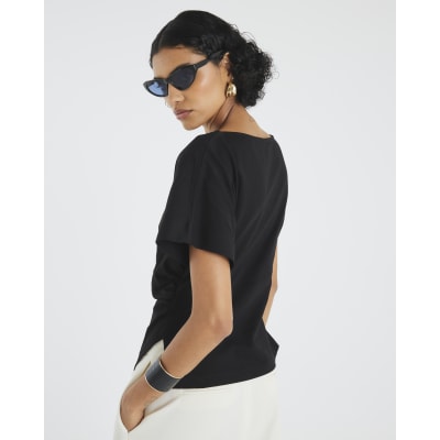 Black Short Sleeve Drape Side T-shirt