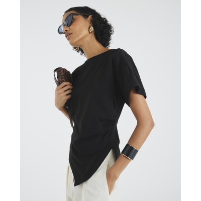 Black Short Sleeve Drape Side T-shirt