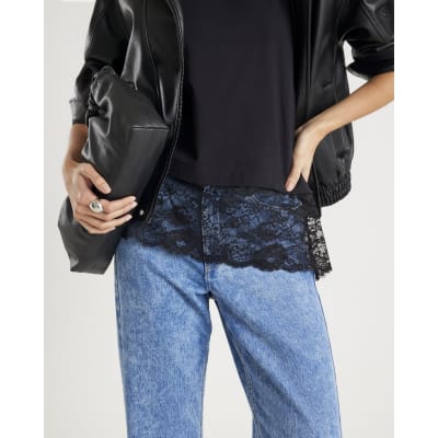 Black Short Sleeve Lace Hem T-shirt