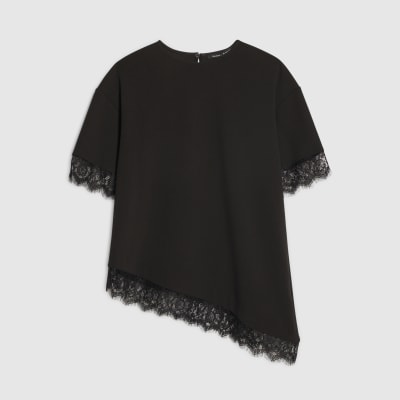 Black Short Sleeve Lace Trim Asymmetric Top