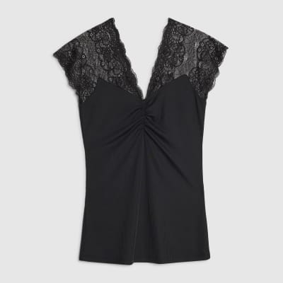 Black Short Sleeve Lace Trim Ruched Top