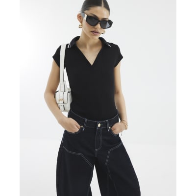 Black Short Sleeve Ribbed Polo Top