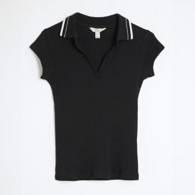 Black Short Sleeve Ribbed Polo Top