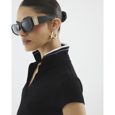Black Short Sleeve Ribbed Polo Top