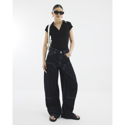 Black Short Sleeve Ribbed Polo Top