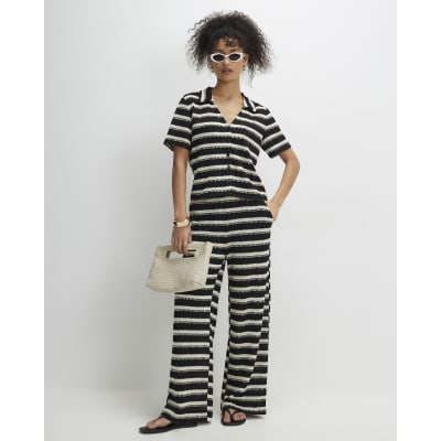 Black Short Sleeve Striped Crochet Shirt