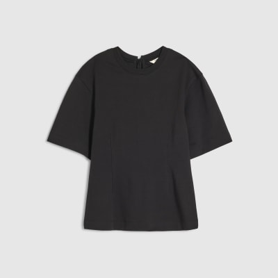 Black Short Sleeve Tie Back Seamed Top