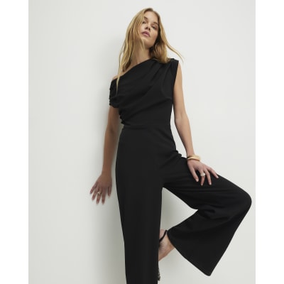 Black Sleeveless Asymmetric Drape Jumpsuit