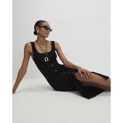 Black Sleeveless Ribbed Button Midi Dress