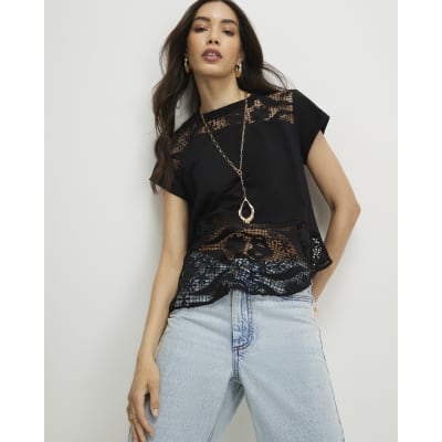 Black Spliced Lace T-Shirt