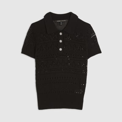 Black Stitched Knit Polo Top