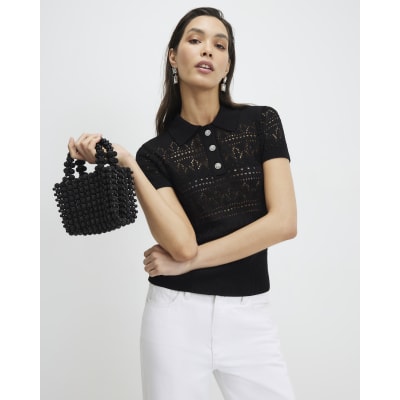 Black Stitched Knit Polo Top