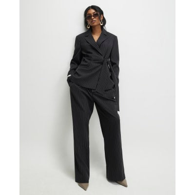 Black Stripe Tie Waist Blazer