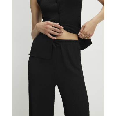 Black Textured Wide Leg Trousers