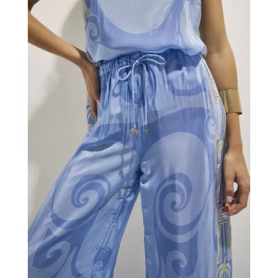 Blue Abstract Palm Print Trousers