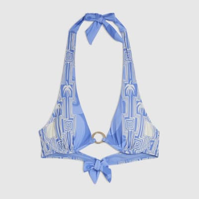 Blue Abstract Print Plunge Neck Bikini Top