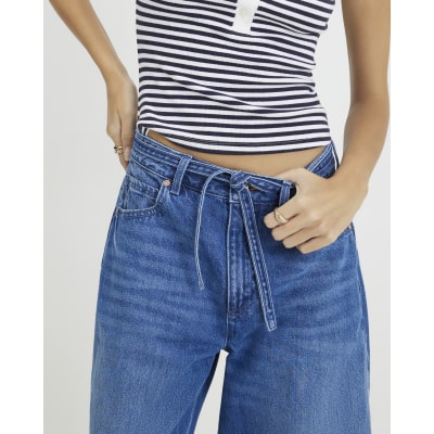 Blue Baggy Wide Leg Tie Waist Jeans