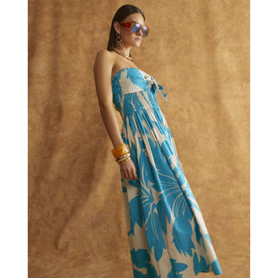 Blue Bandeau Poplin Midi Dress