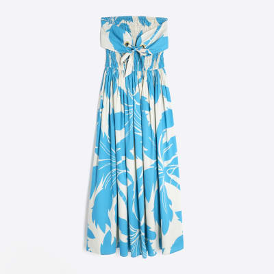 Blue Bandeau Poplin Midi Dress