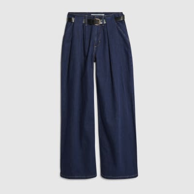 Blue Belted Pleated Wide Leg Jeans