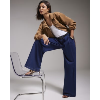 Blue Belted Pleated Wide Leg Jeans