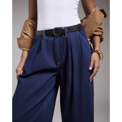 Blue Belted Pleated Wide Leg Jeans