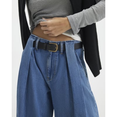 Blue Belted Pleated Wide Leg Jeans