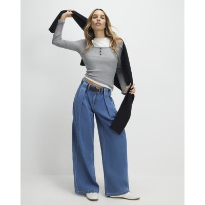 Blue Belted Pleated Wide Leg Jeans